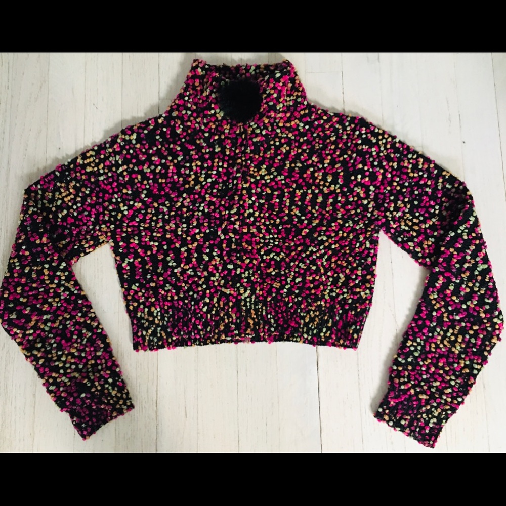 Ultra Cropped Cardigan Italian Confetti Zip with faux fur ball